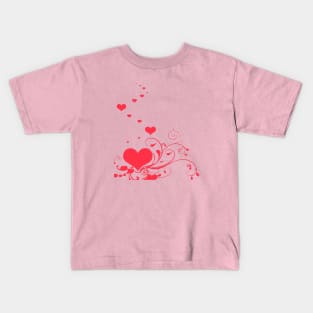 Red Hearts And Curlicue Leaves With Love Kids T-Shirt